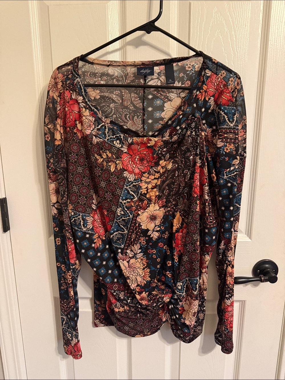 Daytrip Boho Patchwork Twist Front Long Sleeve Blouse XL Floral Paisley